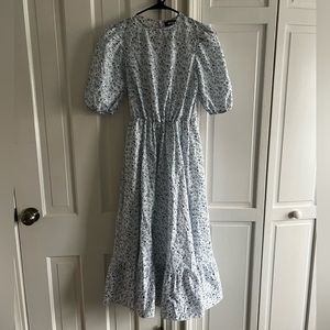 White and Blue Floral Dress with Puff Sleeves